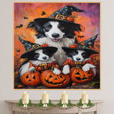 Border Collie Puppies Halloween Canvas Wall Art with Pumpkins and Witch Hats Rustic Fall Accent for Farmhouse Homes on Ready to Hang 1.5" Thick Canvas Wrap, Floating Framed Canvas, Flat Rolled Canvas